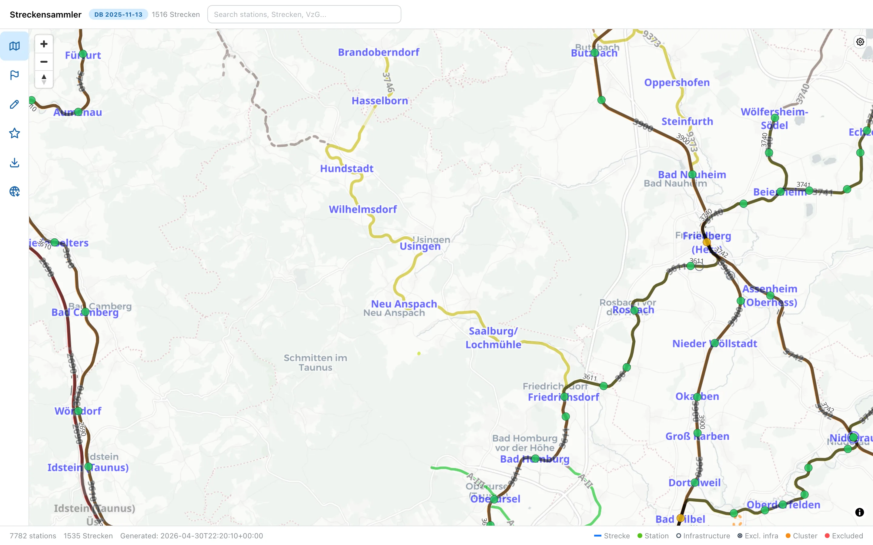 Pipeline-Viewer mit OpenRailwayMap-Overlay über dem Taunus-Bereich