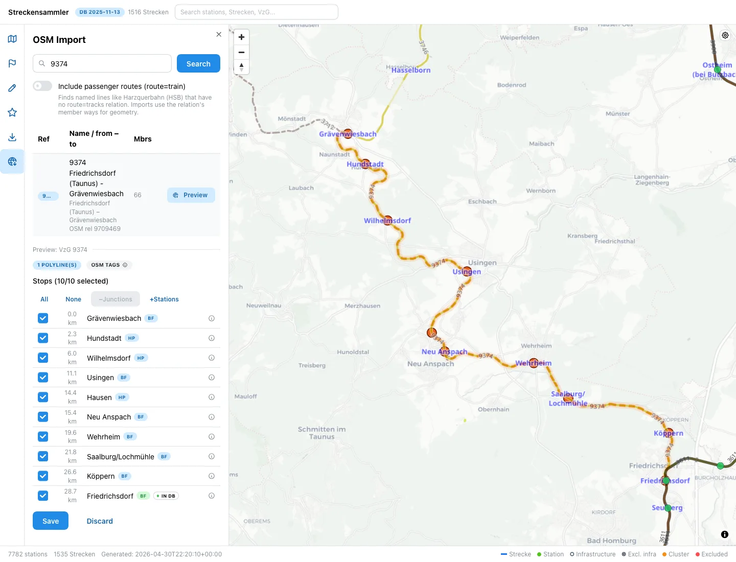 OSM-Import-Dialog der Datenpipeline mit Vorschau der Taunusbahn (VzG 9374) und 10 importierbaren Stopps