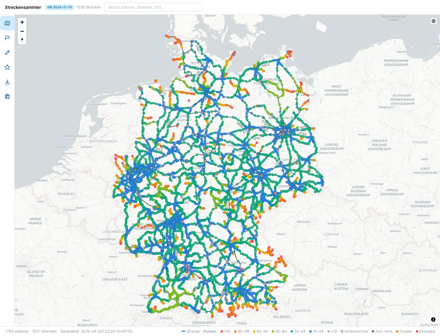 Karte von Deutschland mit allen Stationen, eingefärbt nach Punktwert