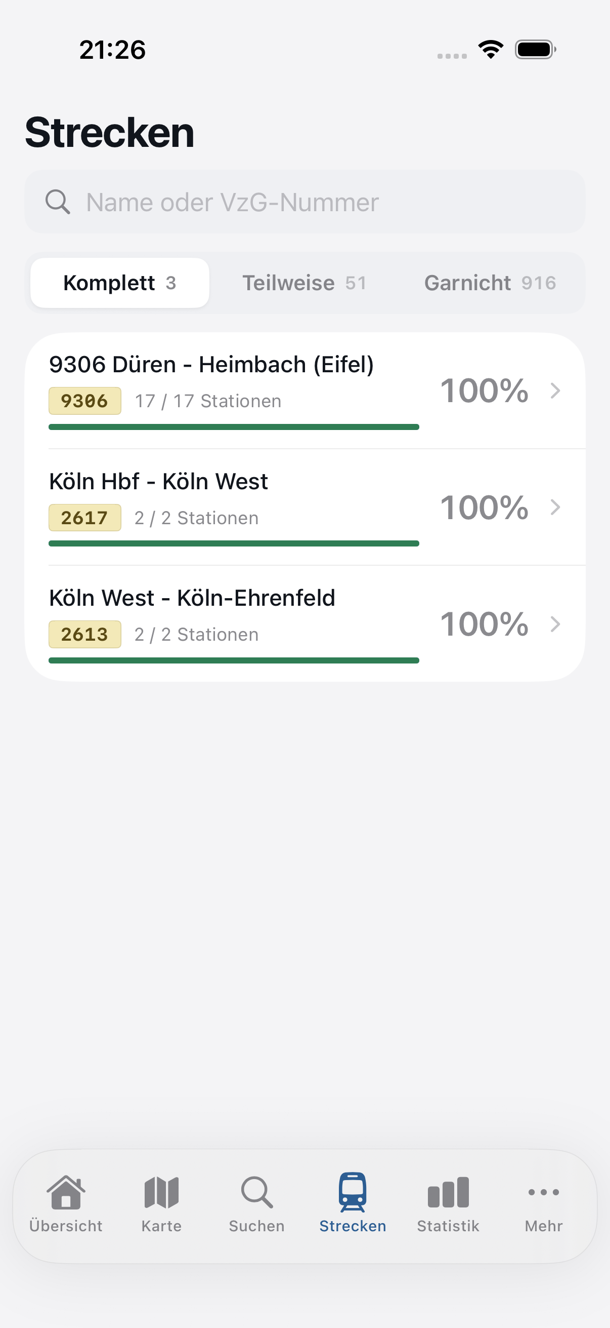 Strecken-Liste mit Fortschritt