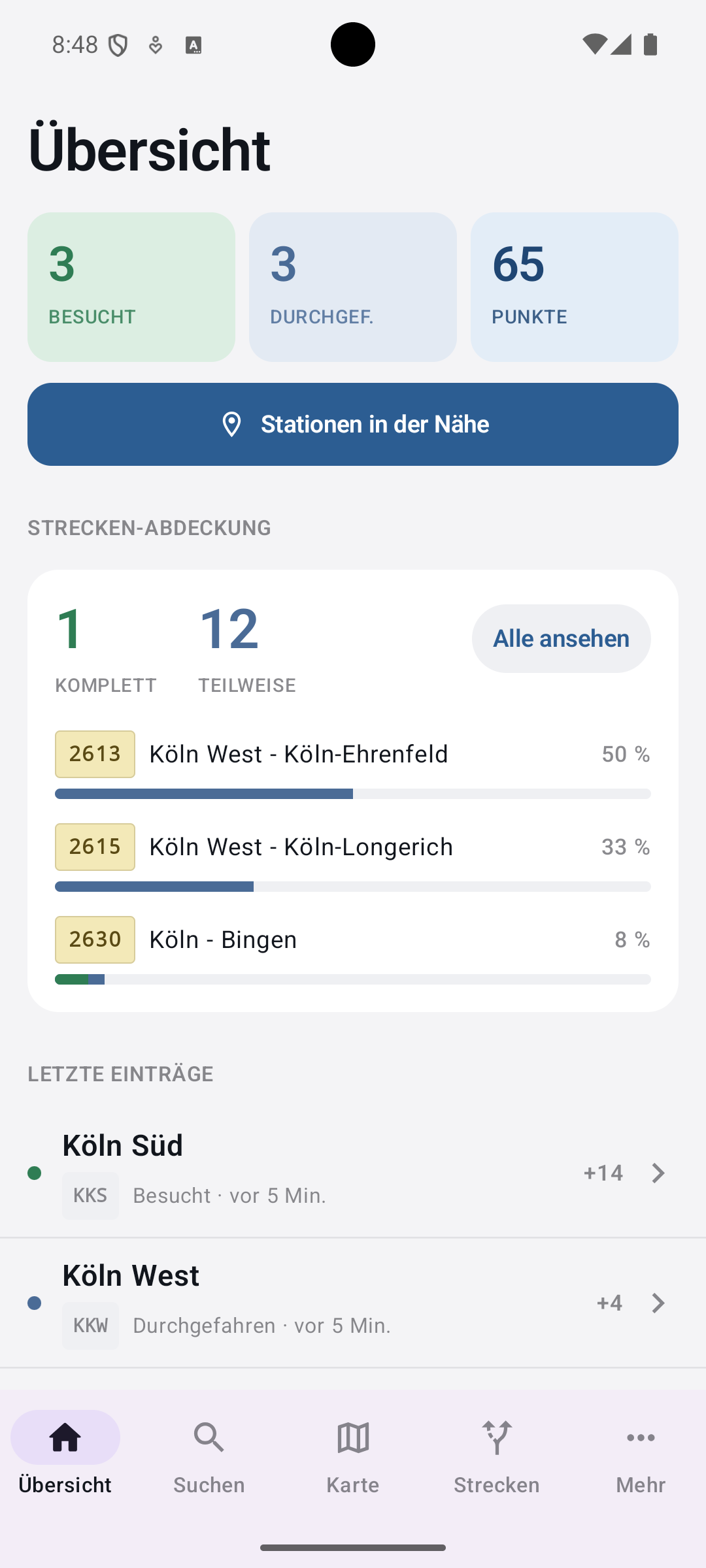 Übersicht mit Statistik und letzten Einträgen