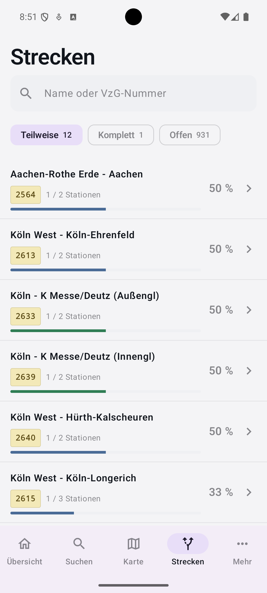 Strecken-Liste mit Fortschritt