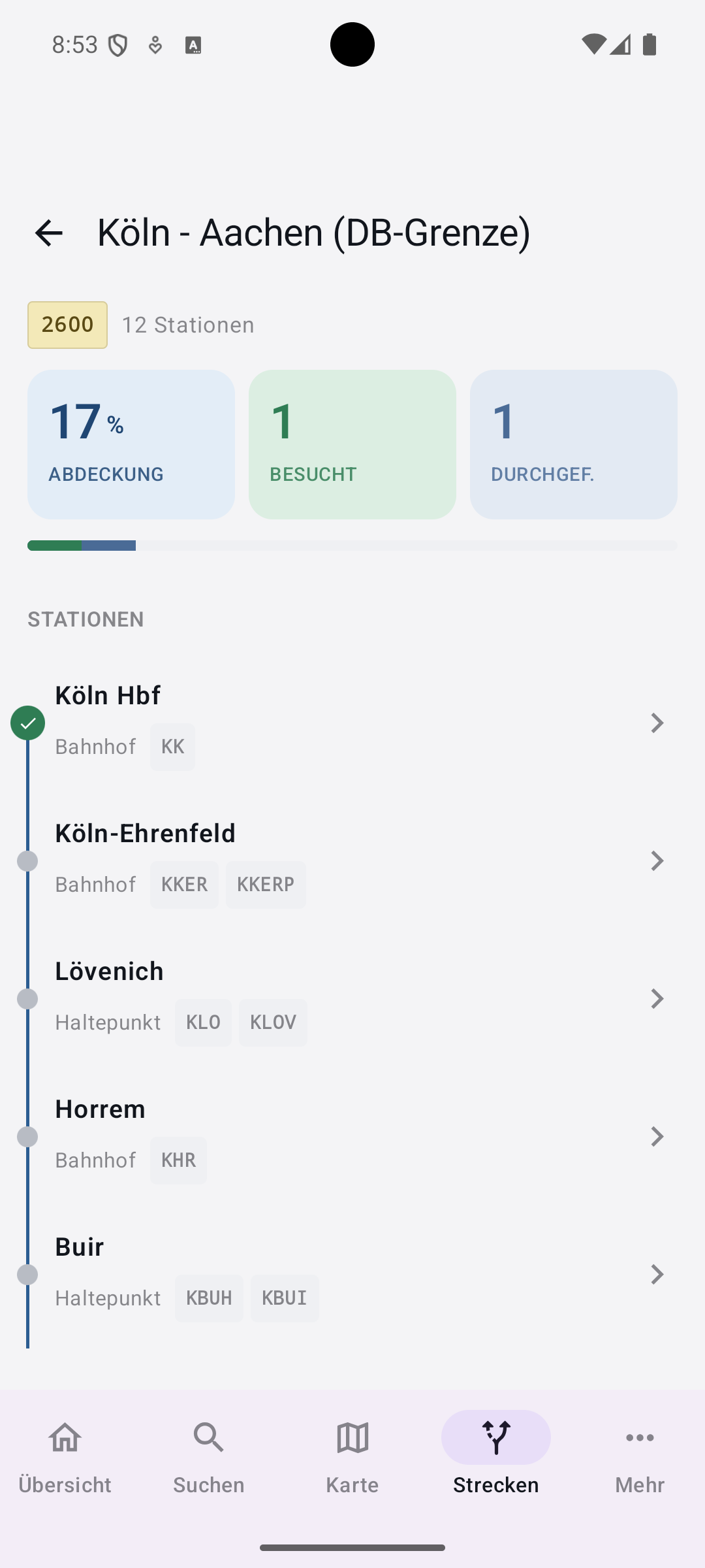 Strecken-Detail mit Stations-Liste