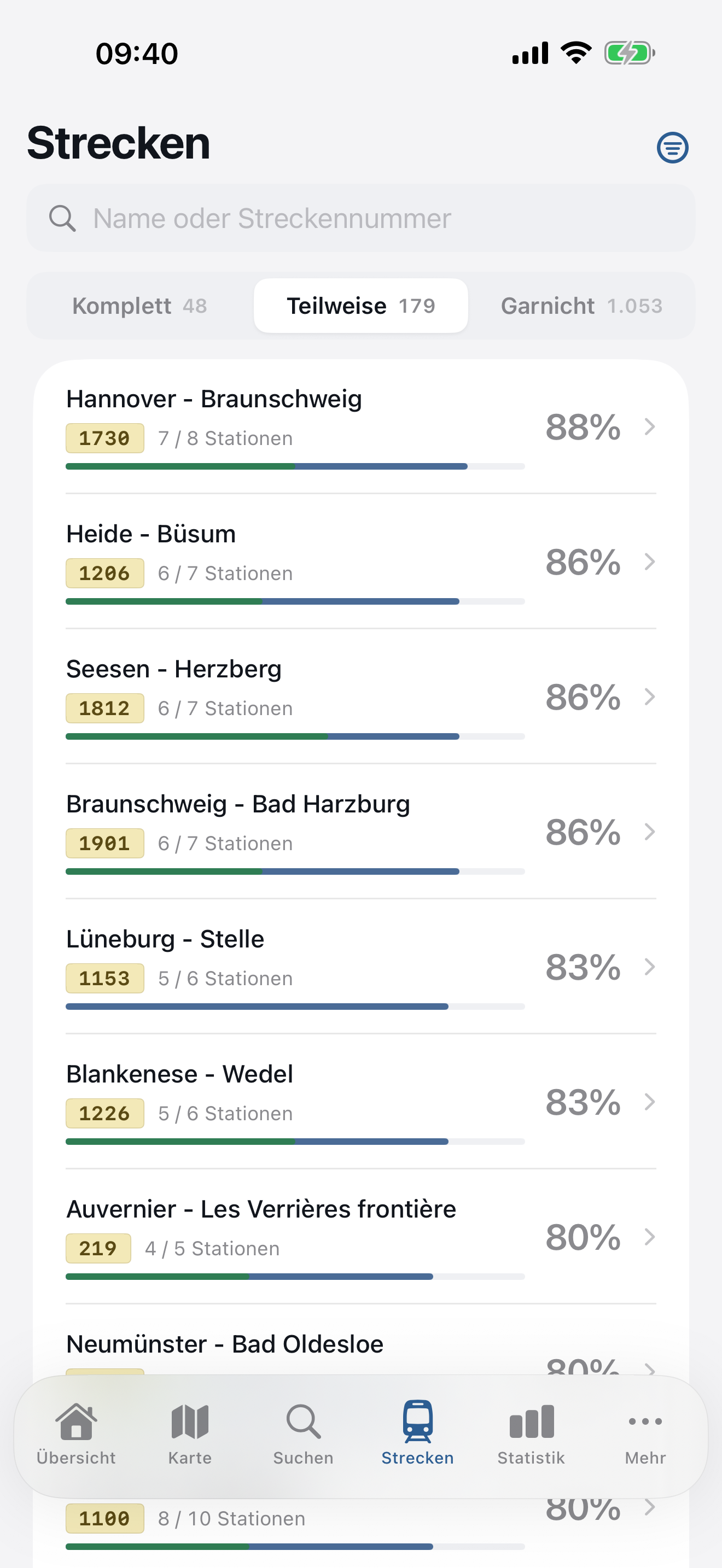 Strecken-Liste mit Fortschritt