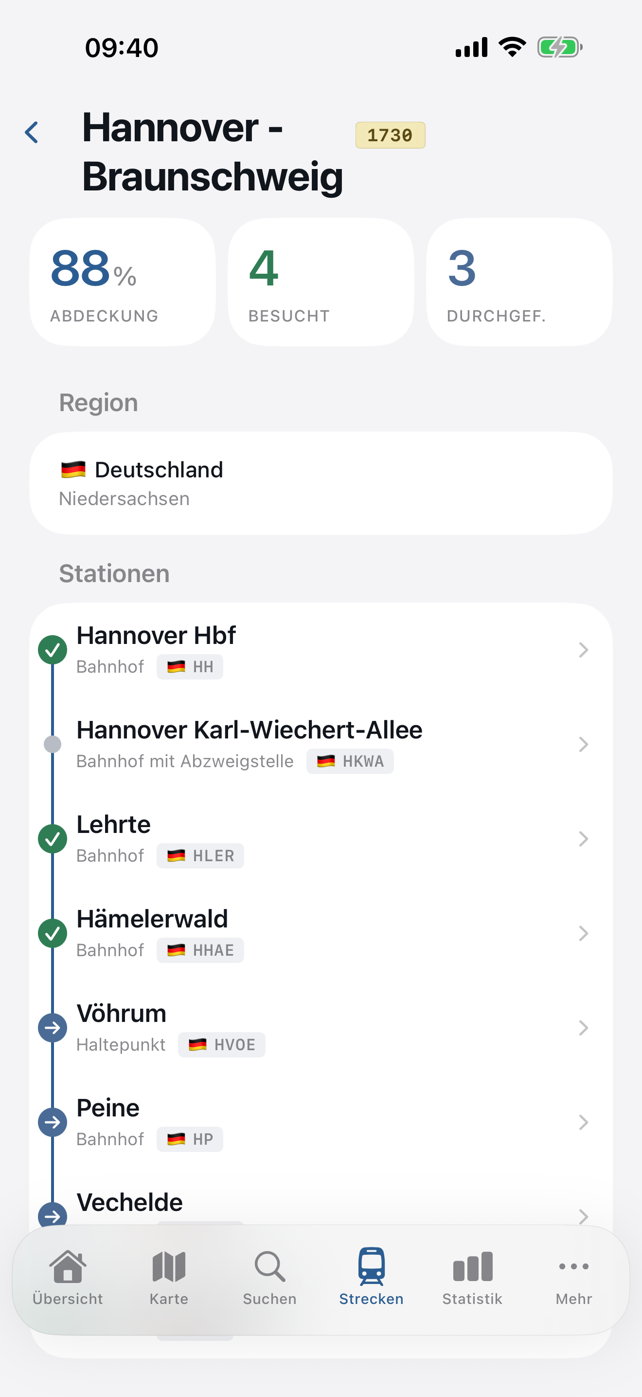 Strecken-Detail mit Stations-Liste